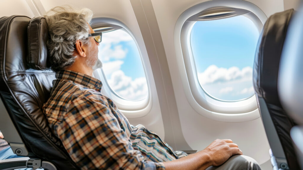 Charming man traveling by airplane